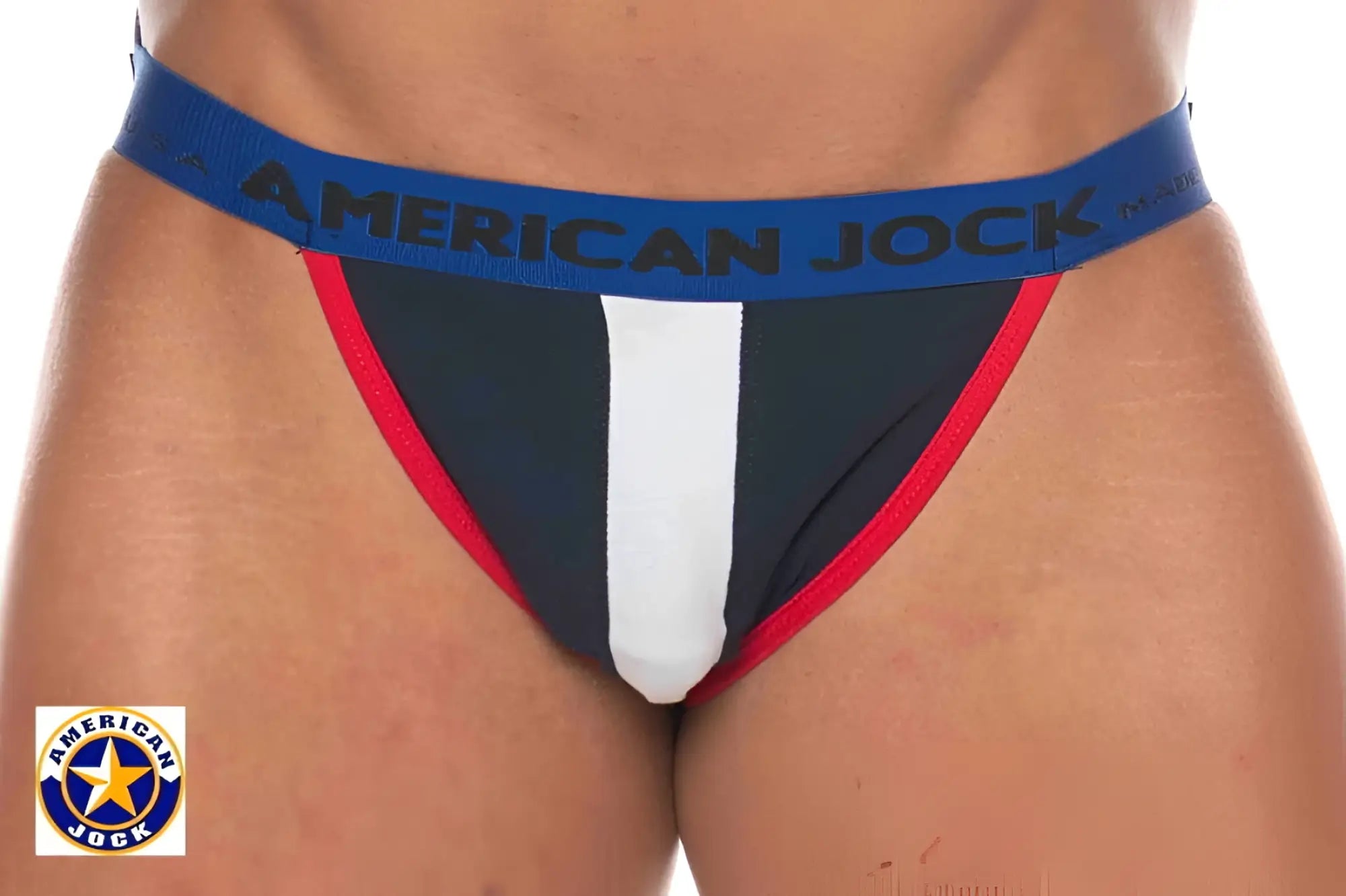 Phys ed jockstrap briefs in blue black and white with red trim designed for american athletic support