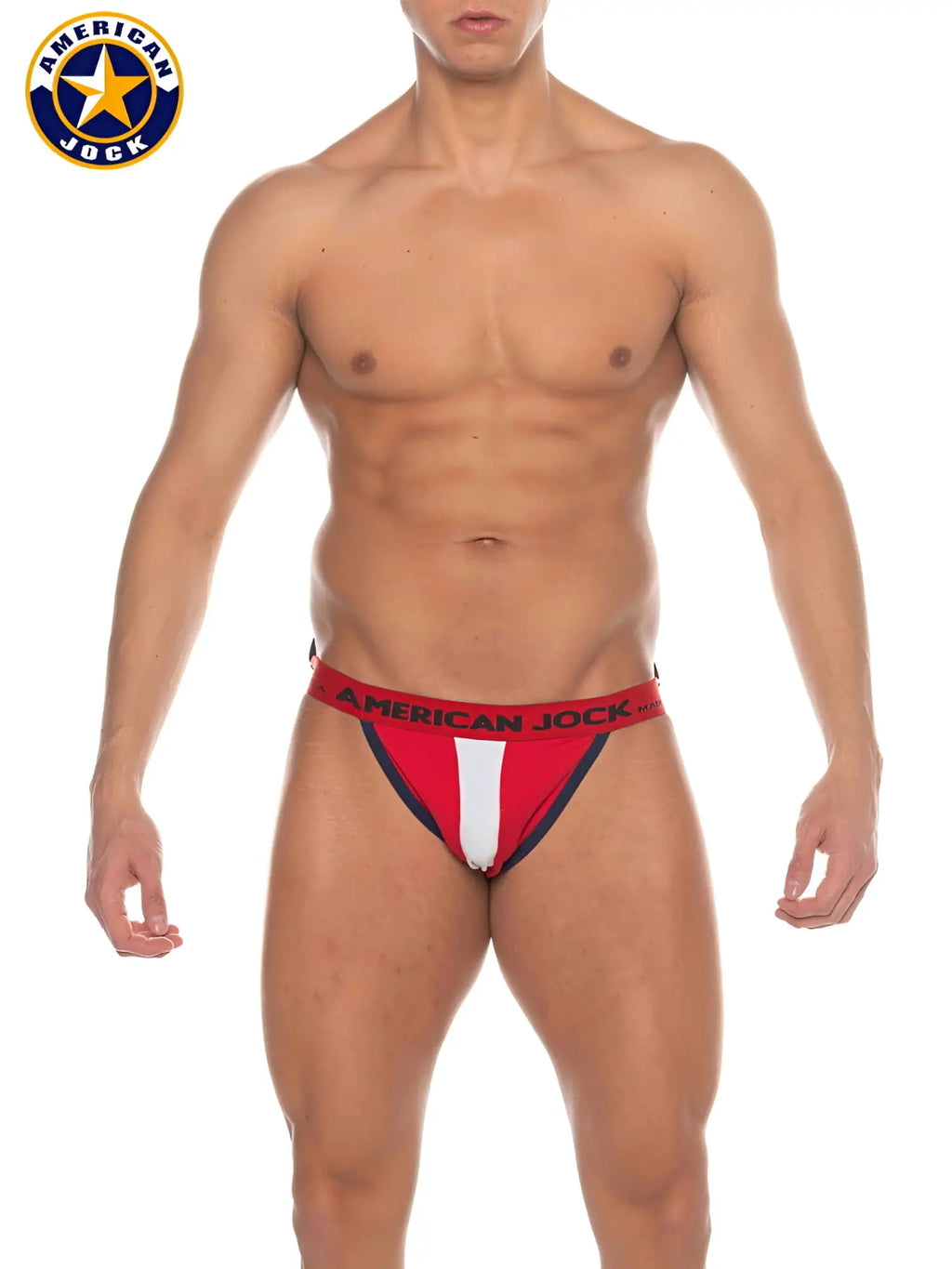 Red and white american jock briefs with navy trim designed for phys ed support and comfort