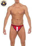 Red and white american jock briefs with navy trim designed for phys ed support and comfort