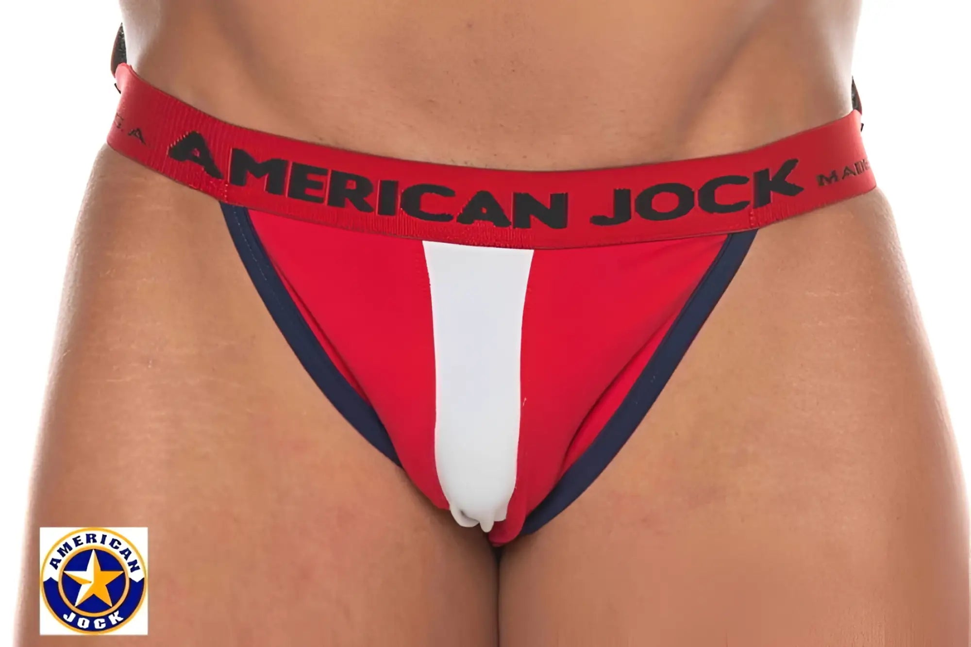 Phys ed jockstrap briefs in red white and navy blue with bold red waistband and black lettering for athletic support