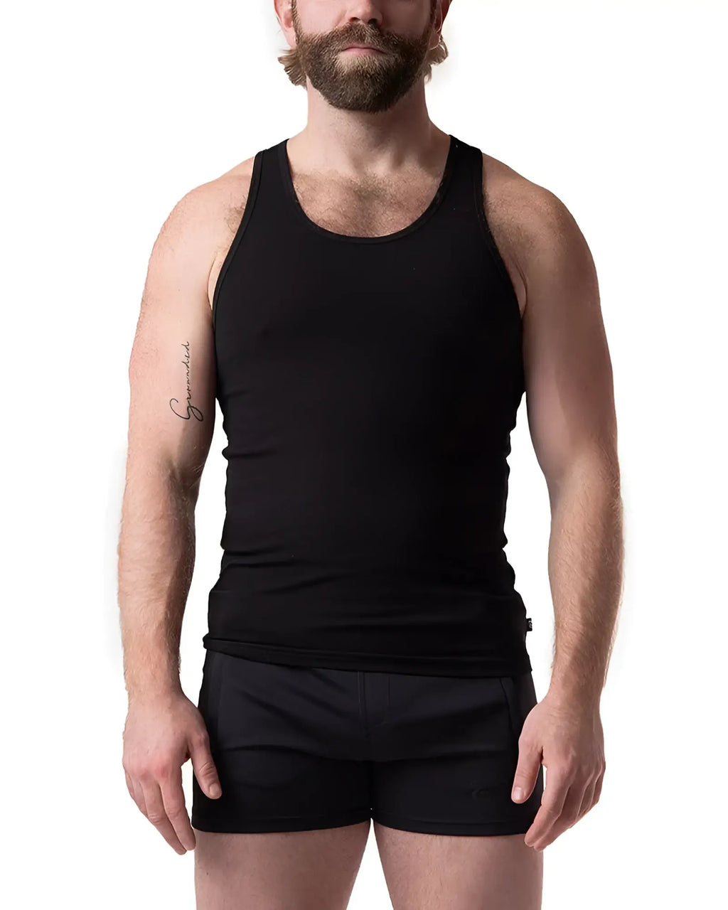 Black ribbed cotton pig rib tank top with simple round neckline for casual wear