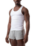 White ribbed cotton pig rib tank top with classic scoop neckline and snug fit for a comfortable casual look