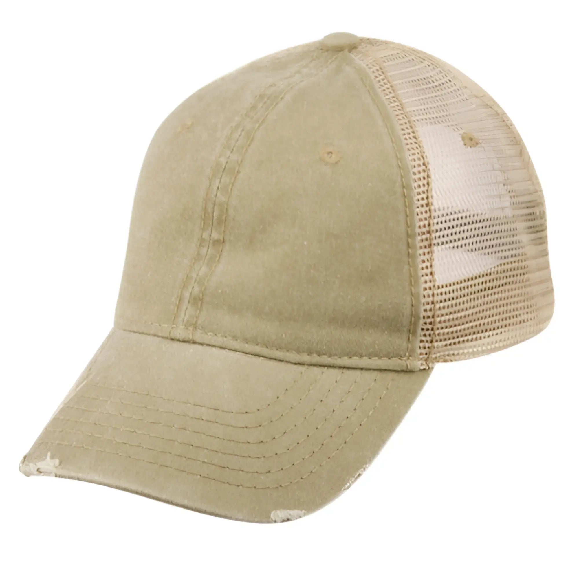 Beige pigment dyed washed cotton trucker cap with distressed look and mesh back shown from the back side