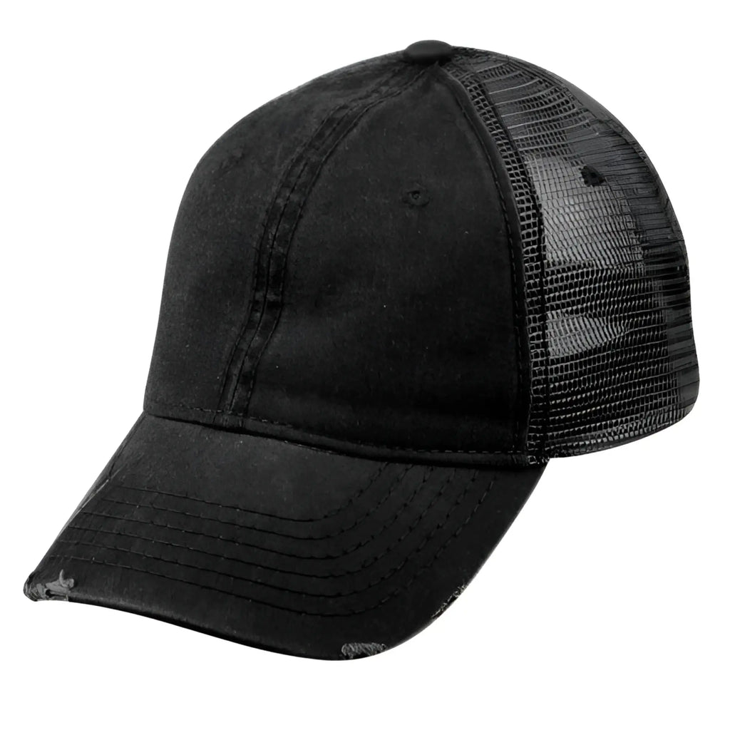 Black distressed pigment dyed washed cotton trucker cap with mesh back and frayed brim shown from the back