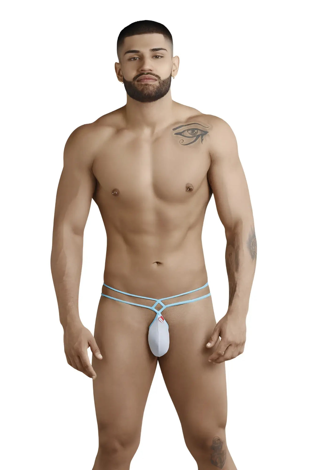 Light blue and white lace-trimmed thong with decorative pouch front pikante fragance g string underwear size l