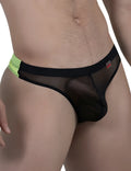 Black mesh thong underwear with neon green perforated waistband by Pikante size S front view