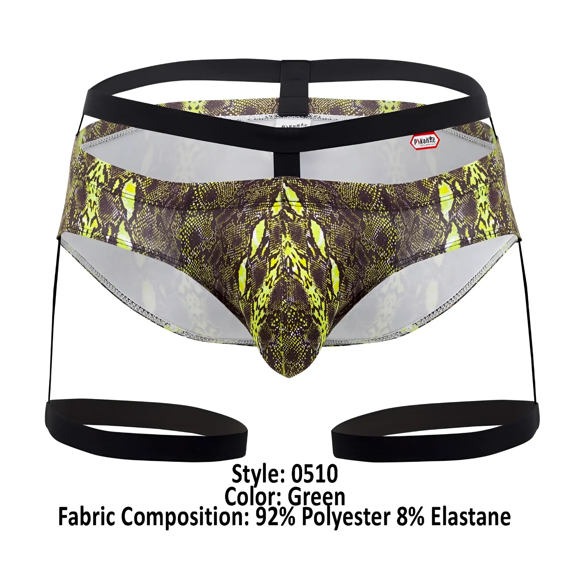 Green snake-print pikante pik 0510 neon briefs with black elastic straps and breathable mesh interior for men