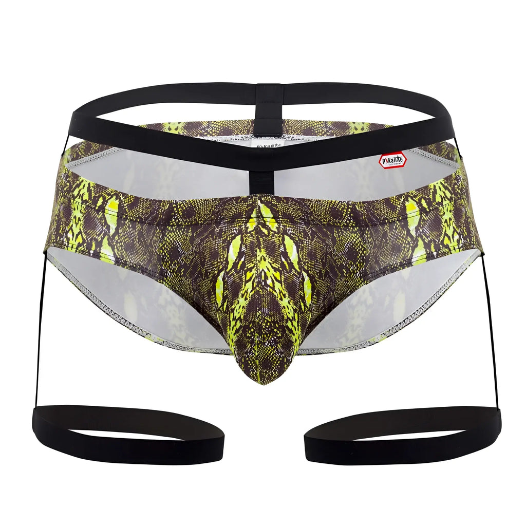Pikante PIK 0510 neon briefs in green snake print with neon yellow and dark brown scales and black elastic straps