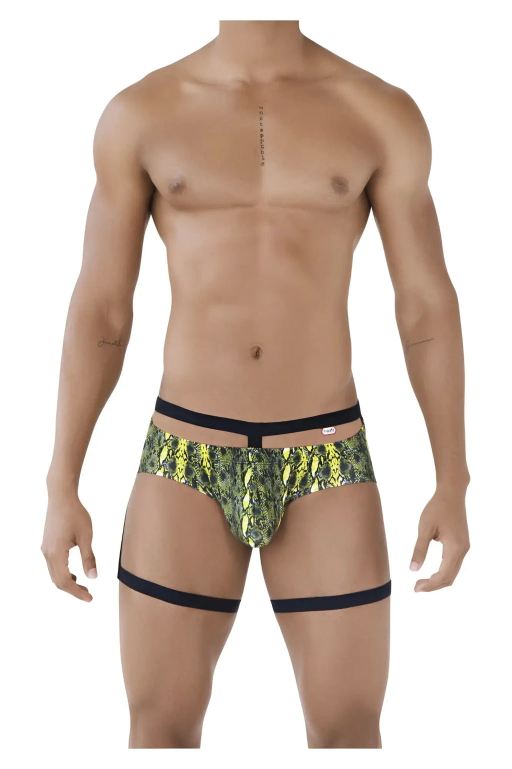 Men’s briefs pikante pik 0510 neon briefs in vibrant neon green and black snake-scale pattern with black waistband and straps