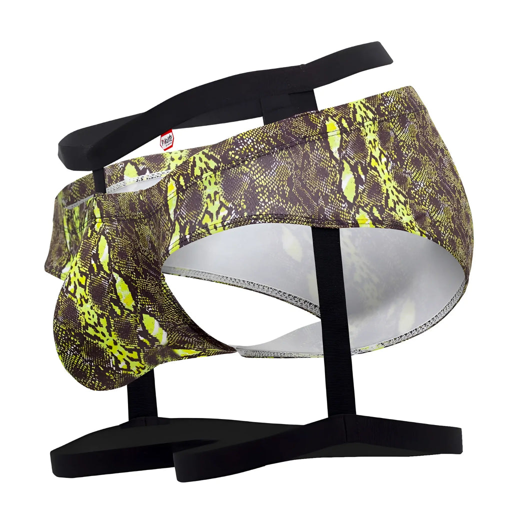 Vibrant neon green and dark brown snake-scale patterned pikante pik 0510 men’s briefs with black elastic waistband