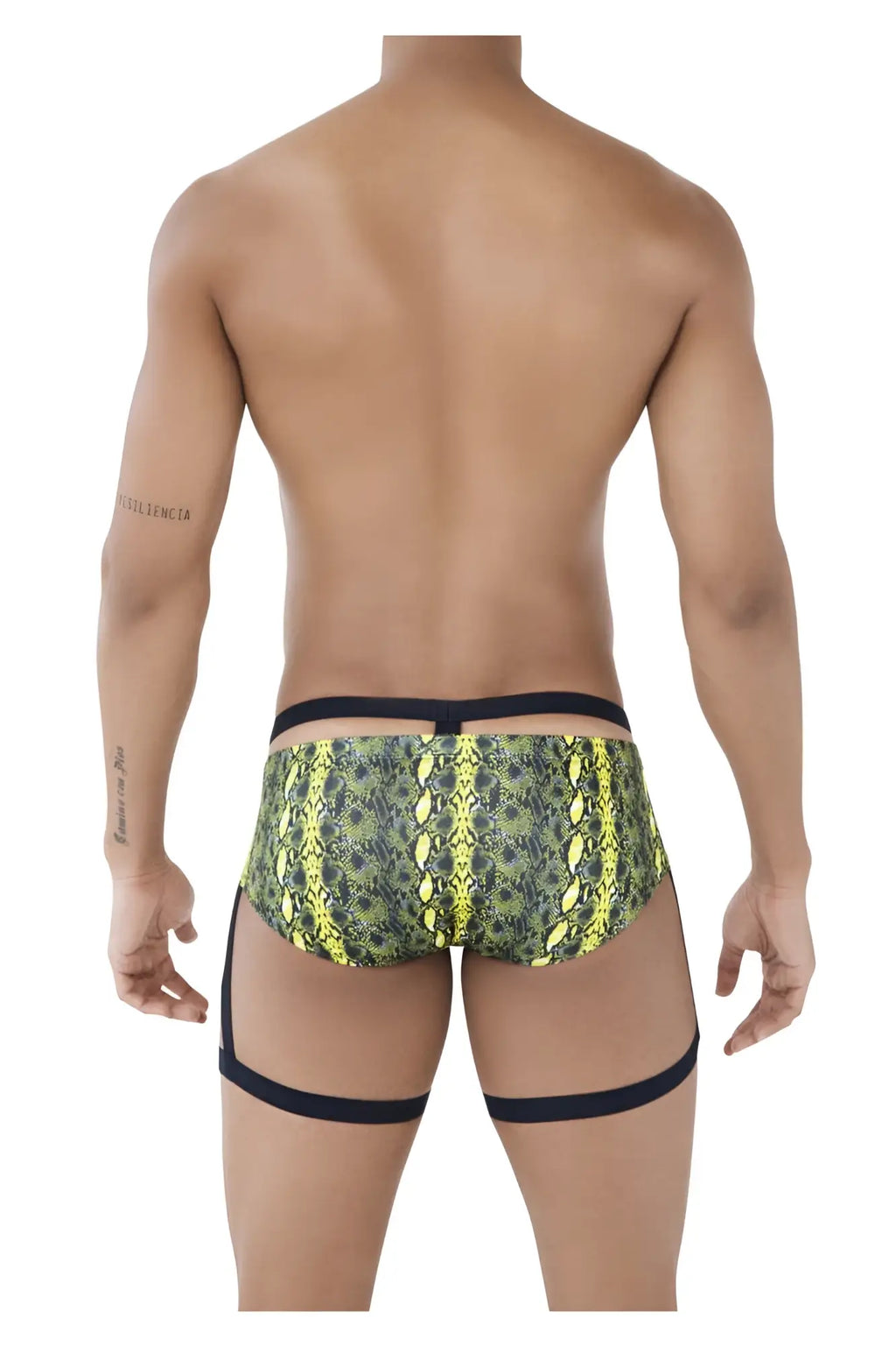 Pikante PIK 0510 neon briefs in vibrant neon yellow and dark green snake-scale pattern with black waistband and straps