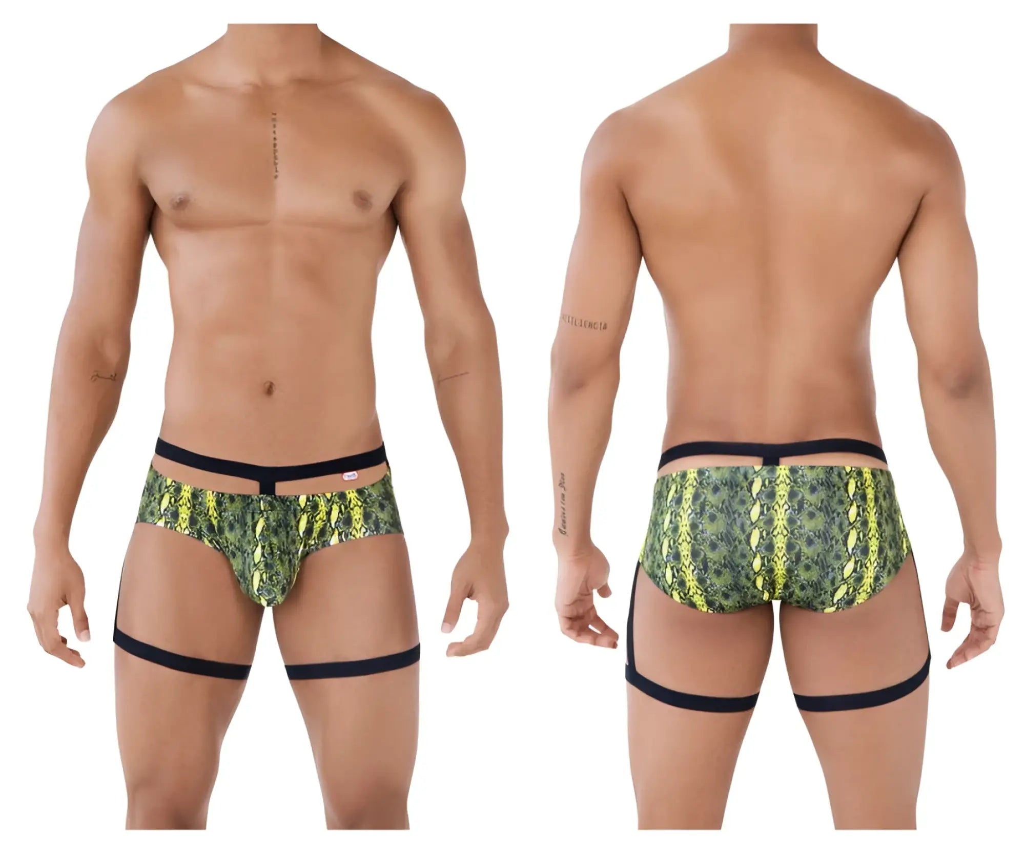 Pikante PIK 0510 neon briefs in vibrant green and yellow snake-scale pattern with black elastic trim