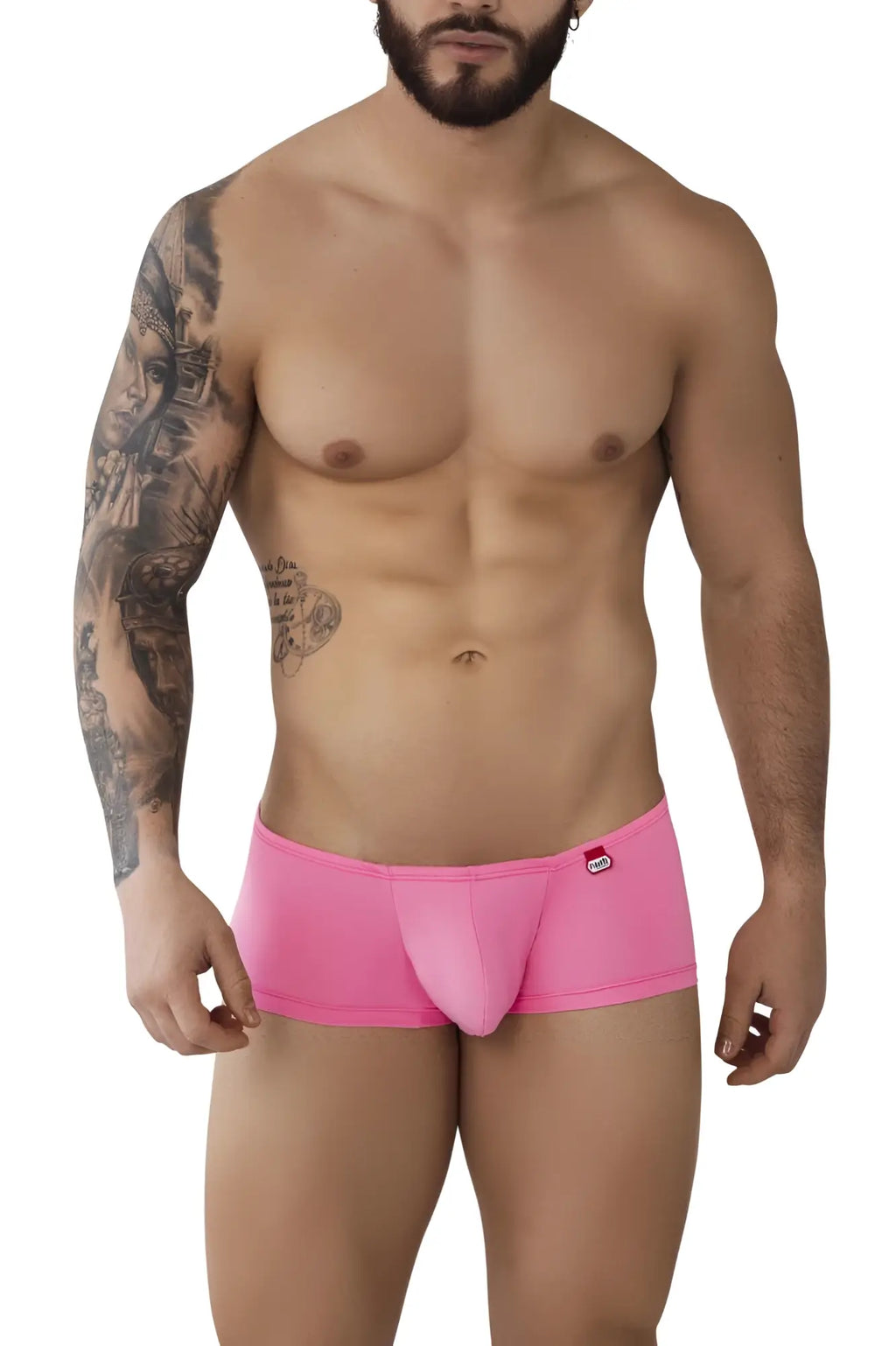Bright pink form-fitting pikante angola trunks with smooth elastic waistband and small red logo on the front