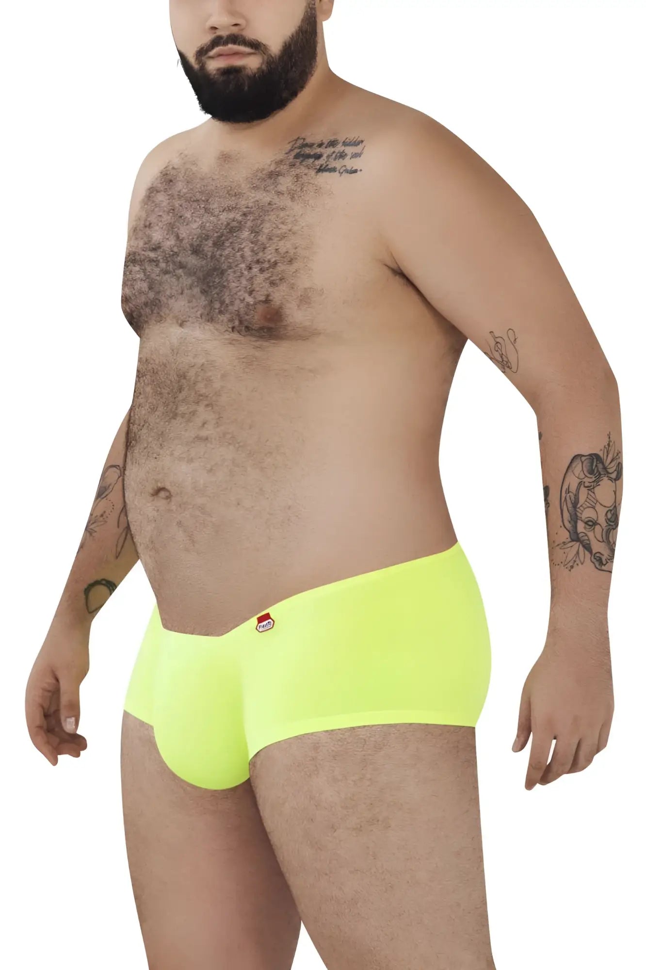 Bright neon yellow pikante angola trunks briefs with small red and white logo on waistband in green color