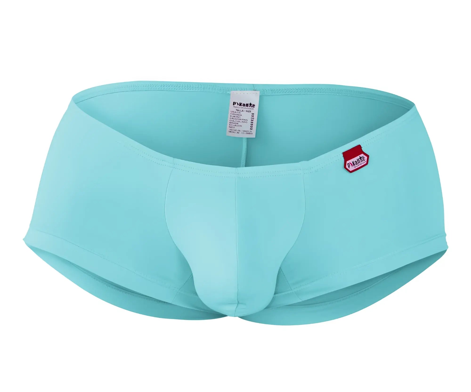 Light blue form-fitting men’s briefs with red Pikante logo on waistband made for comfortable everyday wear