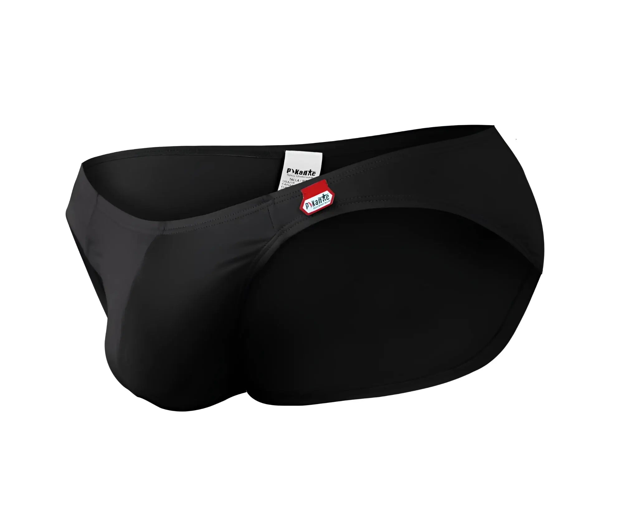 Black men’s swim trunks pikante PIK 0977X angola bikini with sleek form-fitting design and red white brand tag on waistband