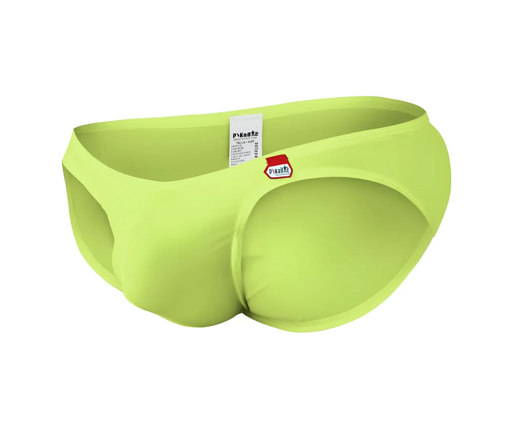 Bright lime green pikante pIK 0977X angola bikini briefs with snug contoured fit and small red logo on waistband
