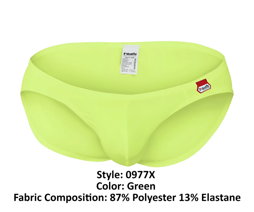 Bright lime green pikante PIK 0977X Angola bikini swim trunks with a small red and white logo on the side