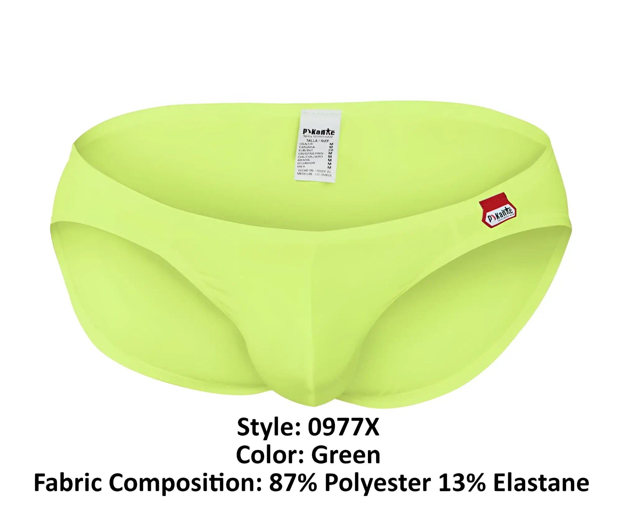 Bright lime green pikante PIK 0977X Angola bikini swim trunks with a small red and white logo on the side