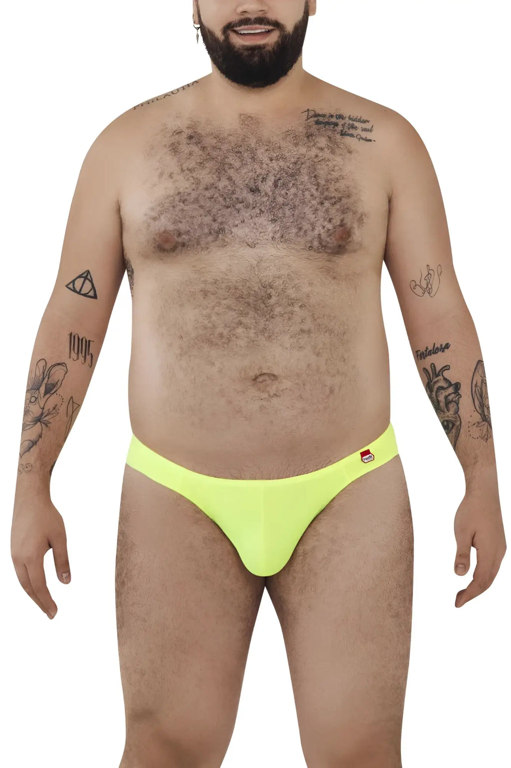 Bright neon yellow pikante PIK 0977X angola bikini briefs with a small red and white logo on the waistband