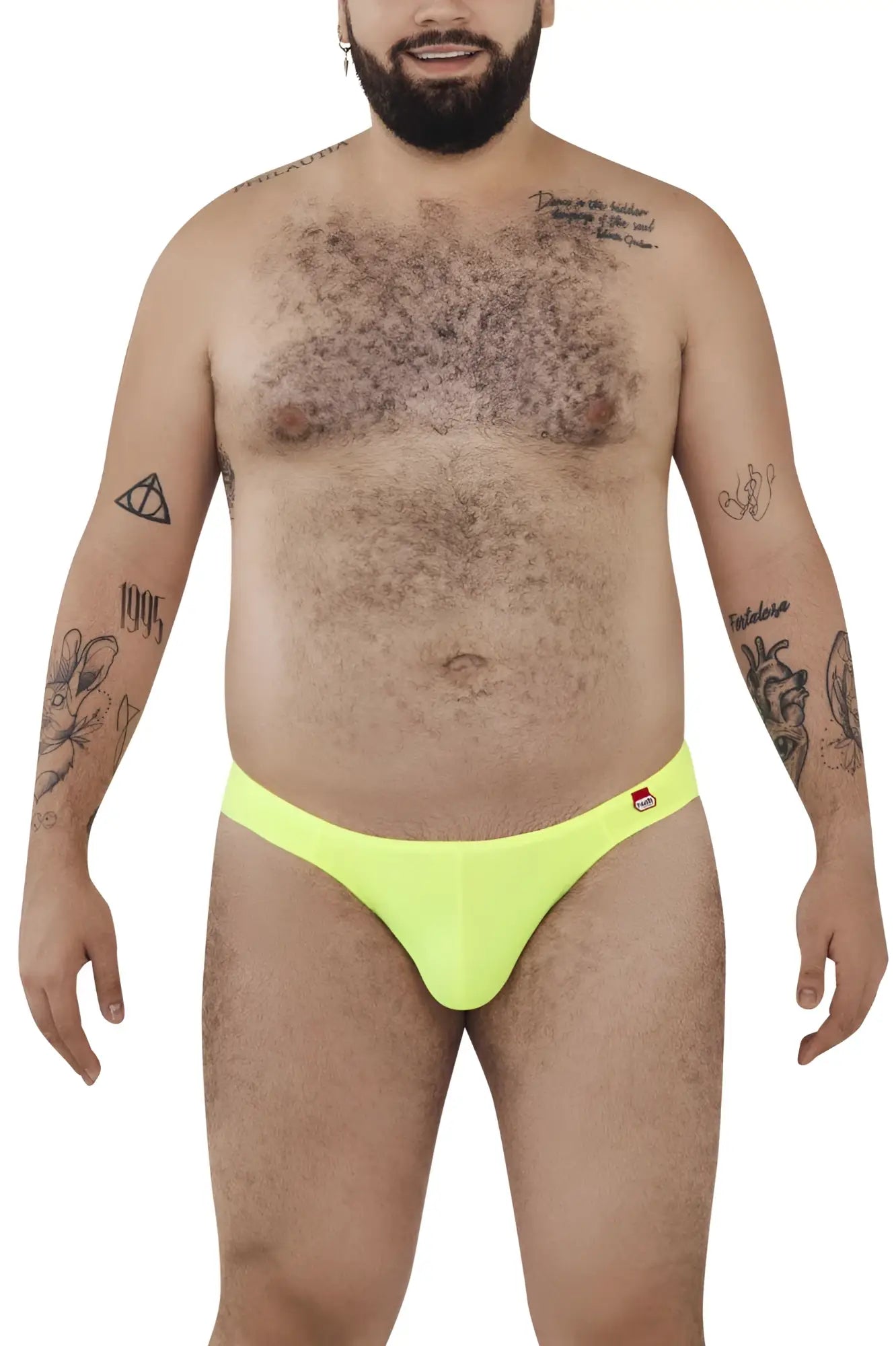 Bright neon yellow pikante PIK 0977X angola bikini briefs with a small red and white logo on the waistband