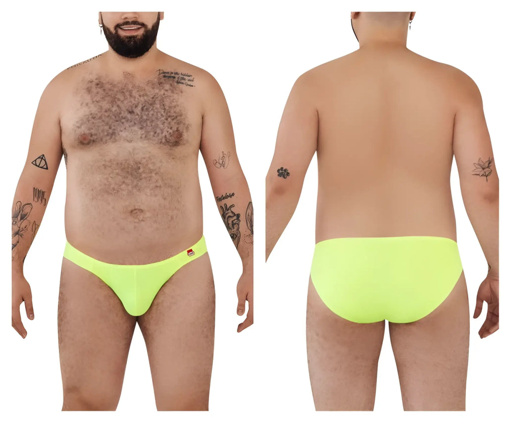 Bright neon yellow pikante angola bikini briefs with smooth stretchy fabric and small red logo on the left hip