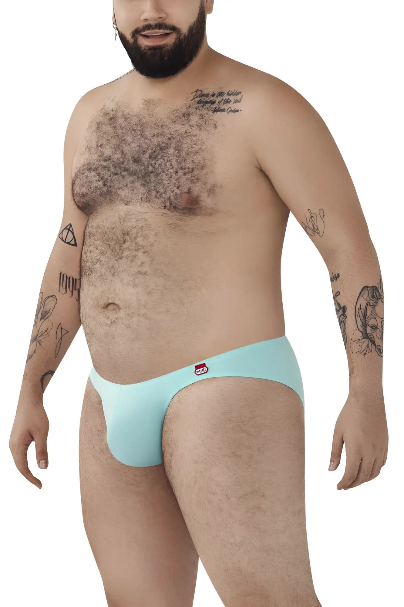 Light blue seamless briefs with a small red and white pikante logo on the left hip in angola bikini style