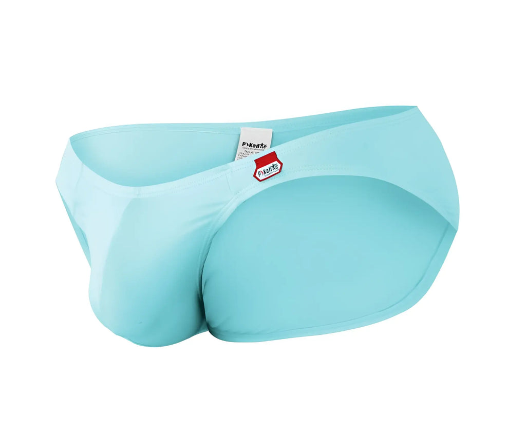 Light blue form-fitting Pikante PIK 0977X Angola bikini swim trunks with a red and white brand tag on the waistband