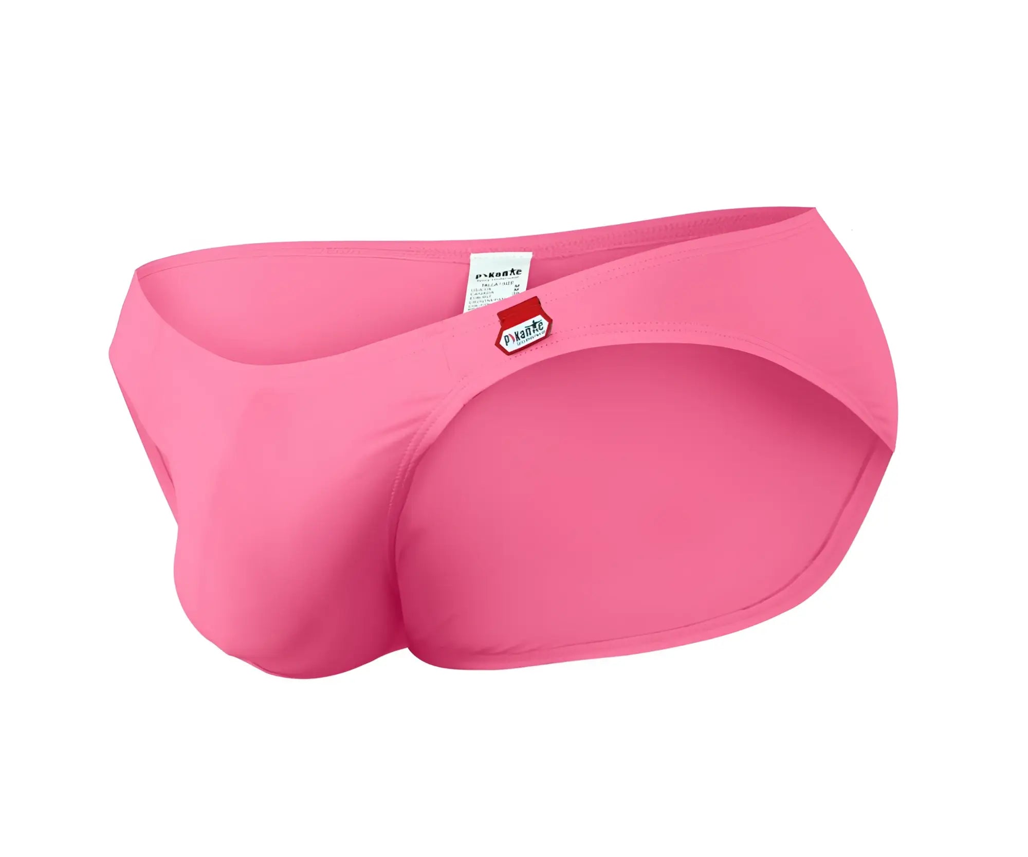 Pink men’s bikini briefs by pikante with red and white logo waistband in a bright pink angola color