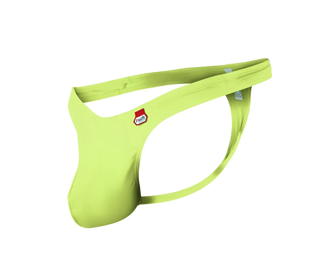 Vibrant lime green pikante PIK 0978X Angola men’s thong with red and white logo patch on the hipband back side view