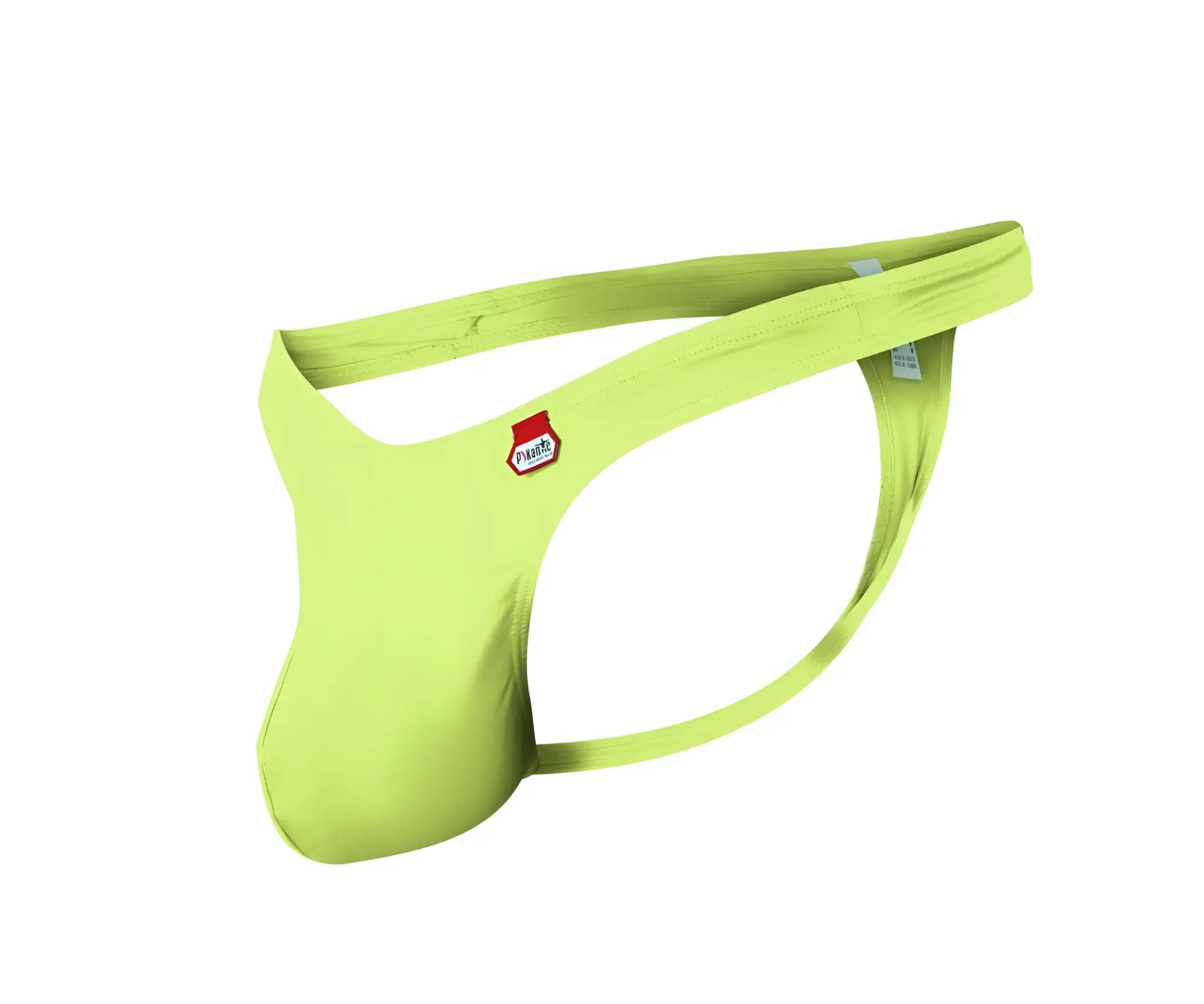 Vibrant lime green pikante PIK 0978X Angola men’s thong with red and white logo patch on the hipband back side view