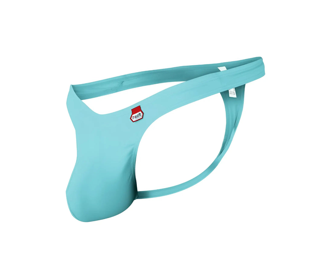 Light blue form-fitting men’s thong featuring a red and white pikante logo on the side pík 0978x angola model