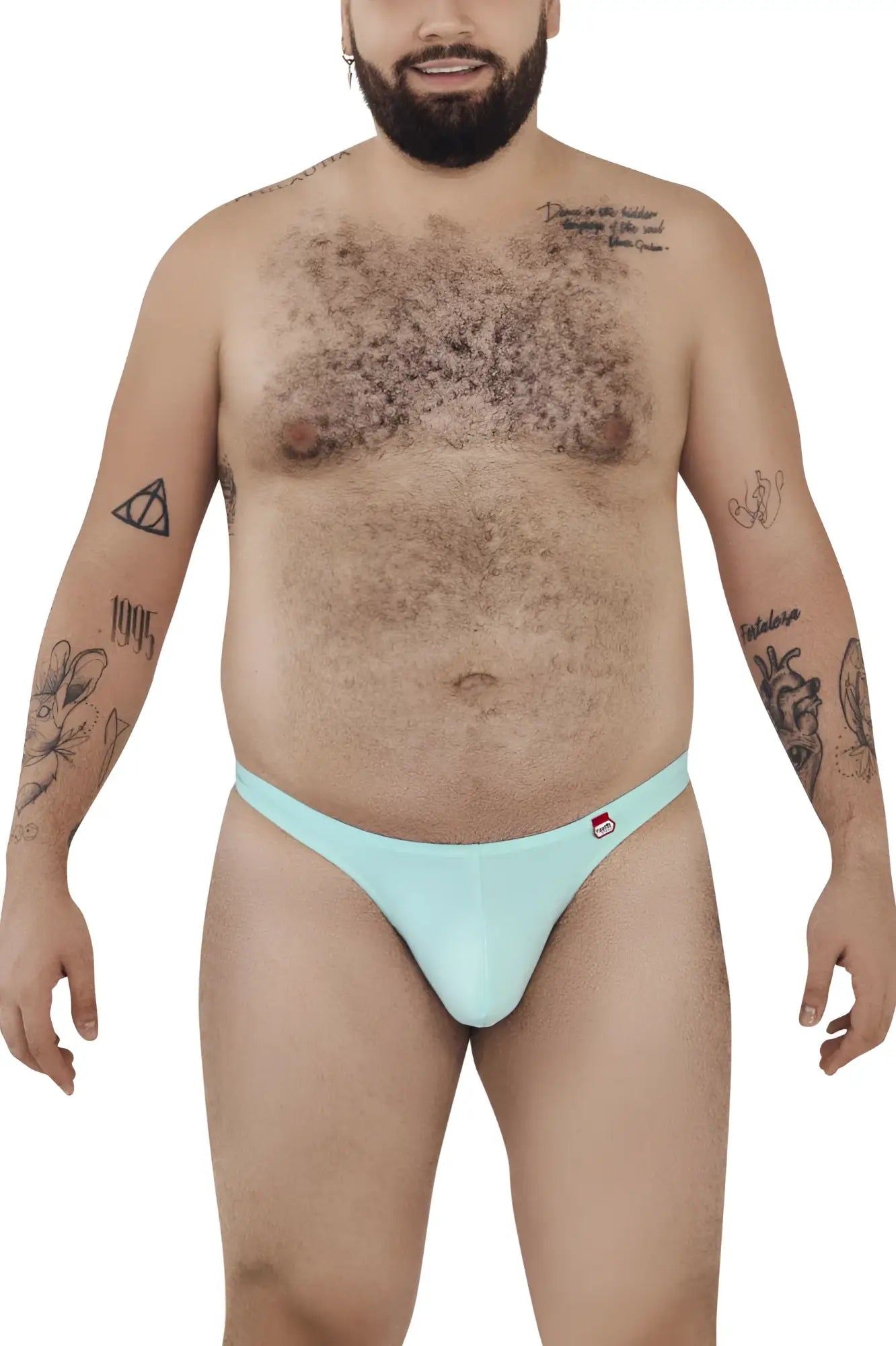 Light blue smooth textured men’s briefs with small red and white pikante logo on the waistband