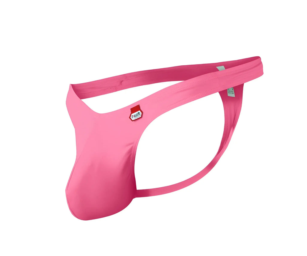 Pink men’s Pikante PIK 0978X Angola thong with smooth stretchy fabric and small red and white brand tag on the side