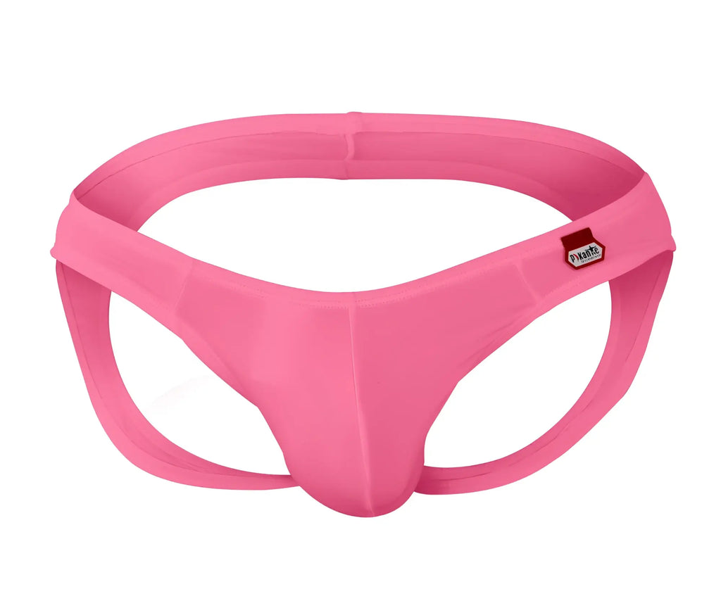 Pink glossy nylon thong with small red and white pikante brand tag on waistband from pik 0979 angola jockstrap collection