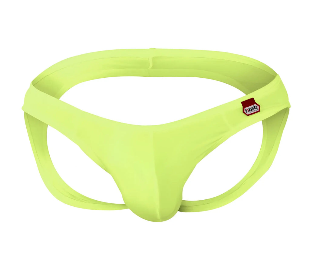Bright lime green seamless fabric briefs with red and white Pikante brand tag on the waistband for comfortable wear