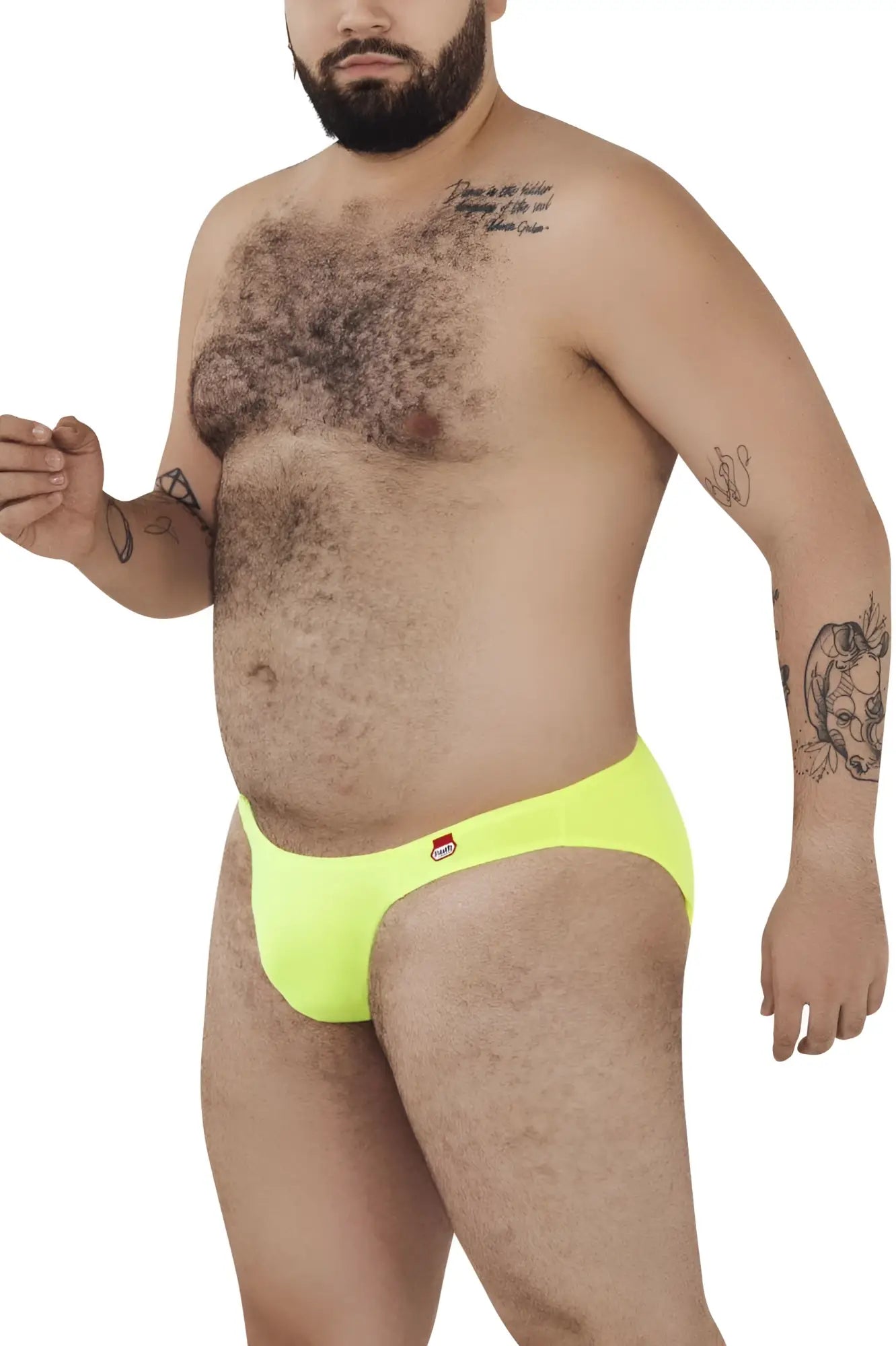 Bright neon yellow briefs with red and white logo on left hip pikante pik 0979x angola jockstrap color green