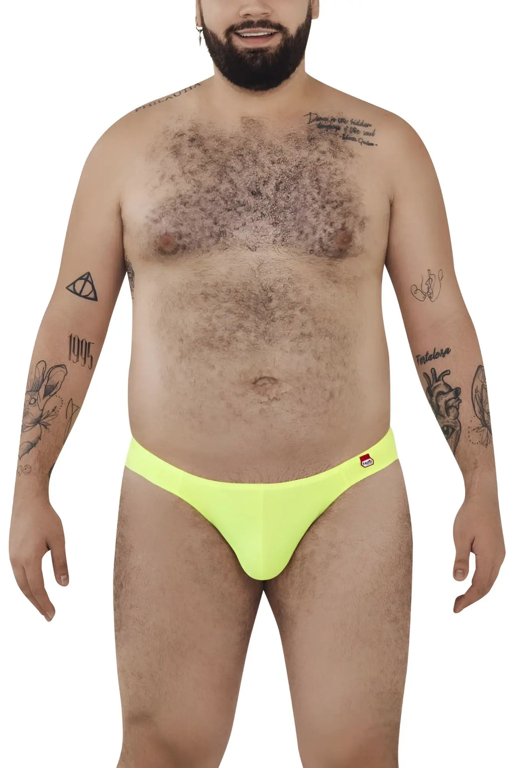 Bright neon yellow briefs with red and white logo on waistband from pikante pik 0979x angola jockstrap green collection