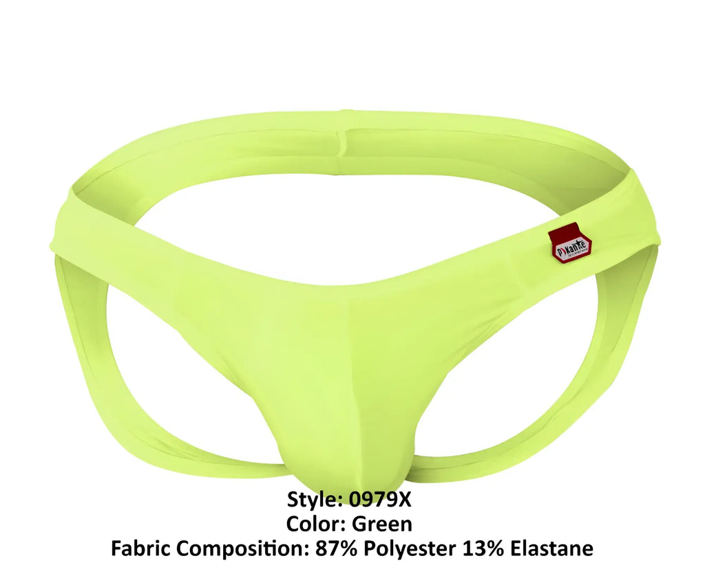 Bright green pikante angola jockstrap thong made of polyester and elastane with a small red logo tag on the side
