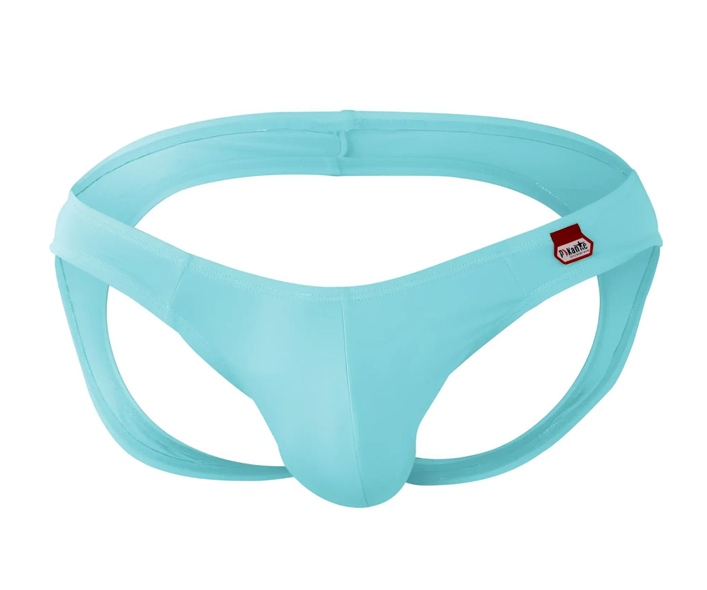 Light blue satin-like thong with small red and white pikante brand tag from pikante pik 0979x angola jockstrap