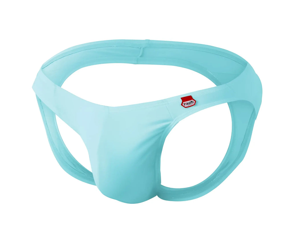 Light blue seamless fabric briefs with a red and white pikante logo on the side in angola jockstrap style