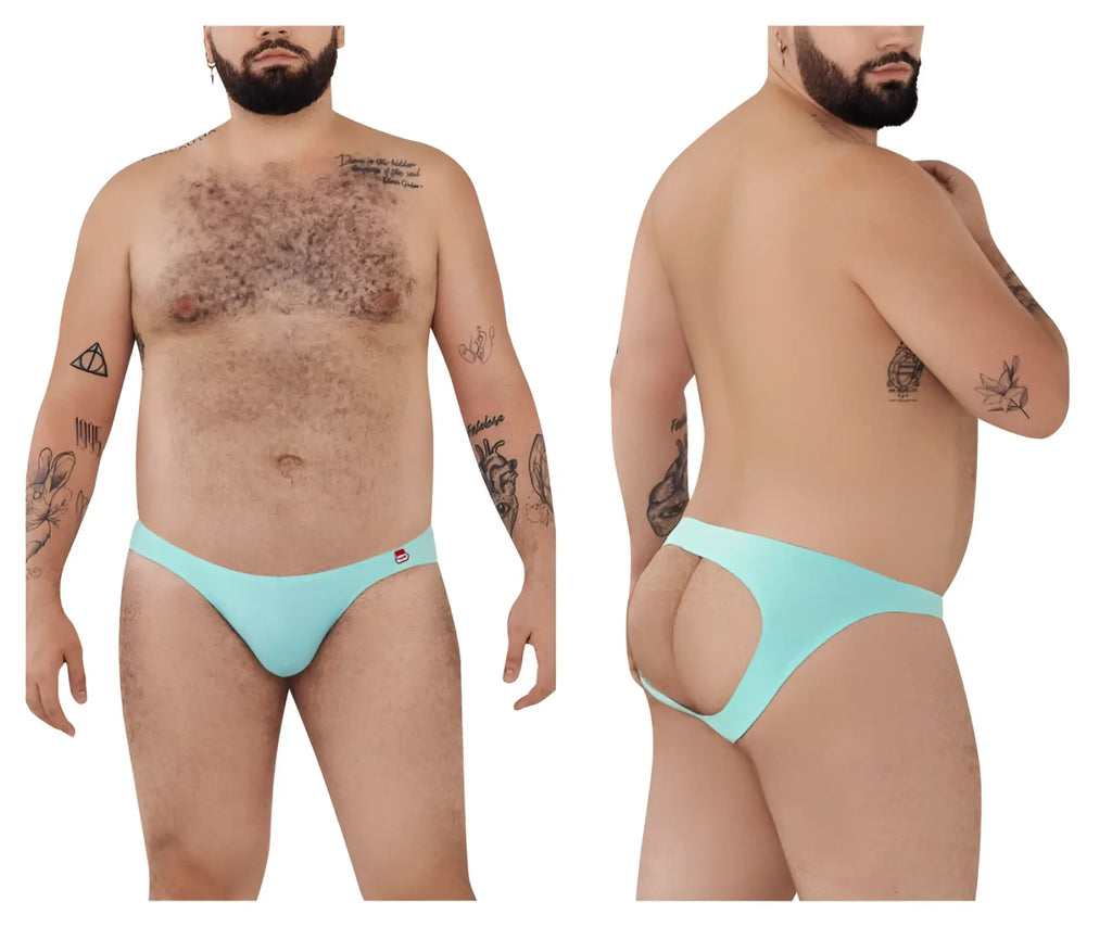 Light blue light fabric pikante PIK 0979X Angola jockstrap back side with cutout and red logo on left hipband