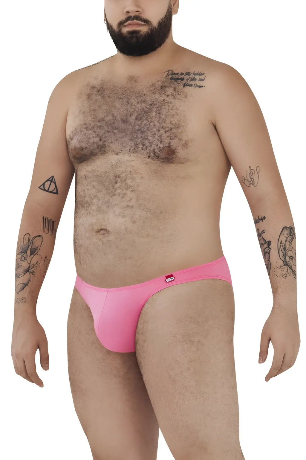 Bright pink form-fitting Pikante PIK 0979X Angola briefs with small red logo on waistband front side