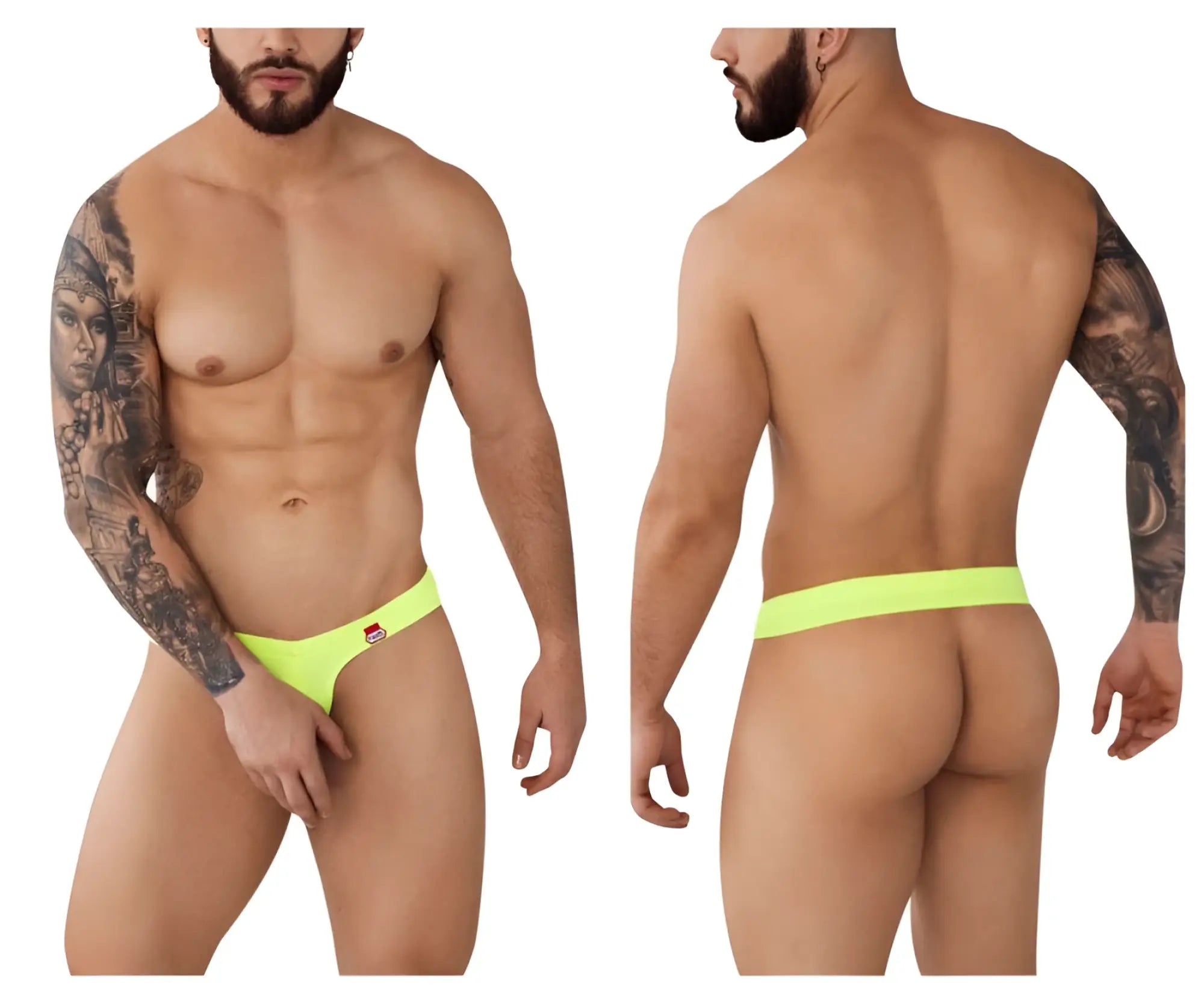 Neon green pikante pik 0980 angola ball lifter c-ring briefs with a red and white logo on the left hipband