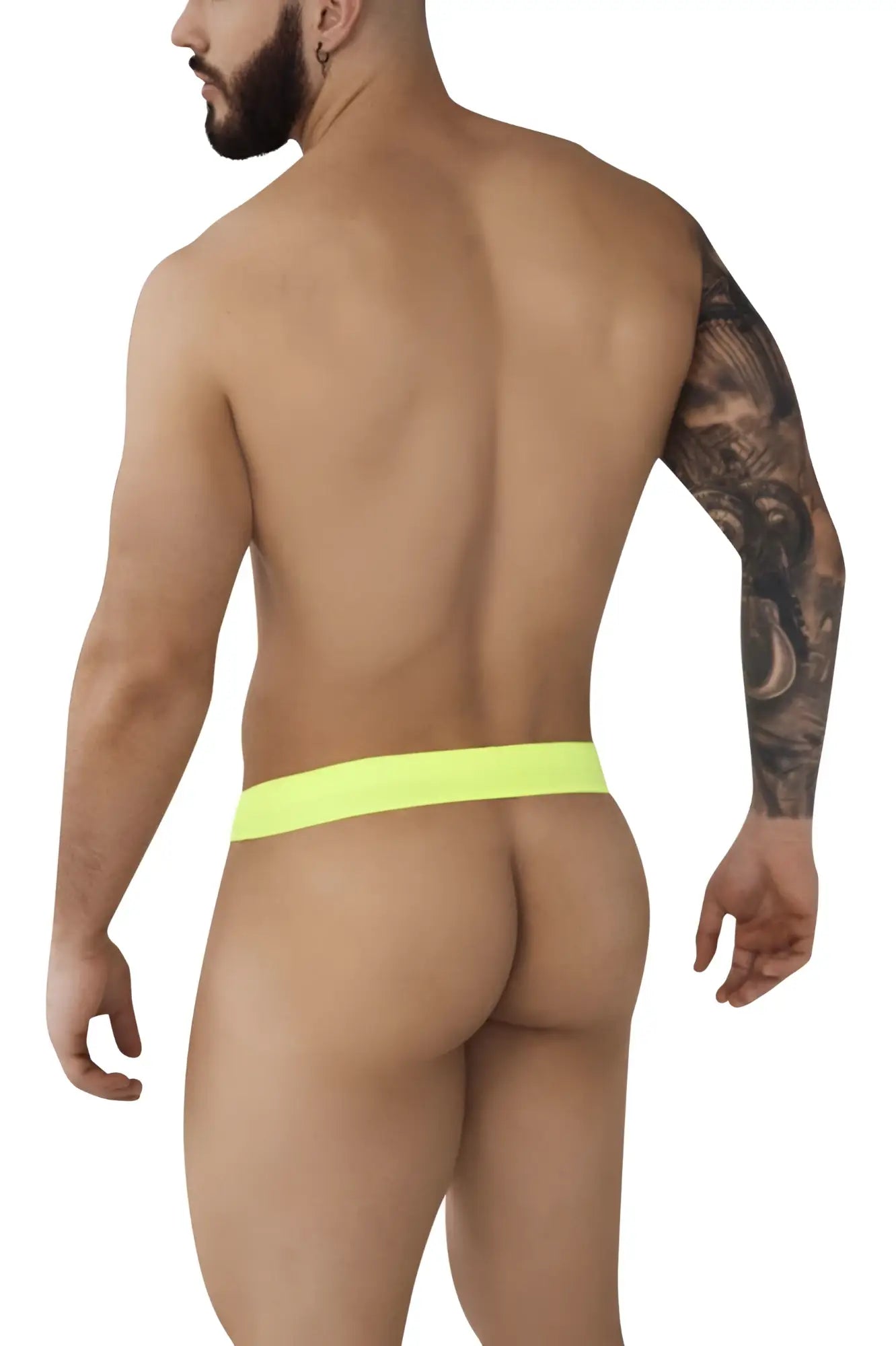 Neon yellow thong with a snug seamless fit by pikante pik 0980 angola ball lifter c-ring in green color front view