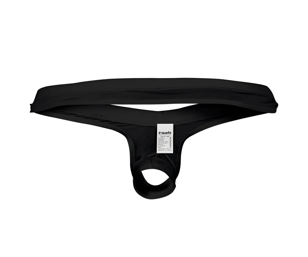 Black stretchy fabric thong with small white label inner waistband pikante pik 0980x angola ball lifter c-ring