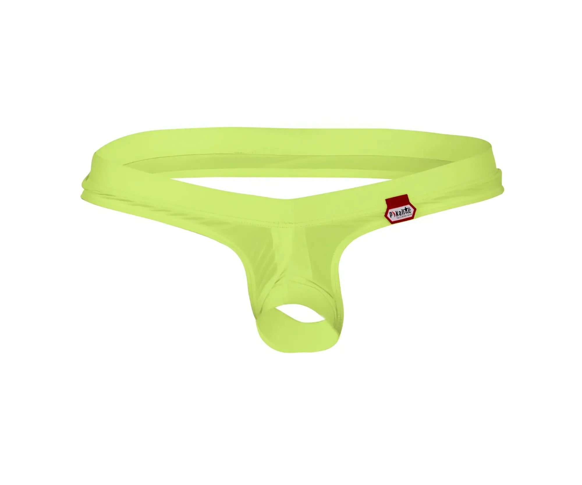 Bright lime green pikante PIK 0980X Angola ball lifter c-ring men’s thong with red white brand tag on waistband