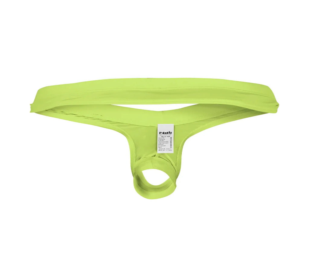 Bright lime green pikante PIK 0980X Angola Ball Lifter men’s thong made of stretchy fabric with branded tag visible