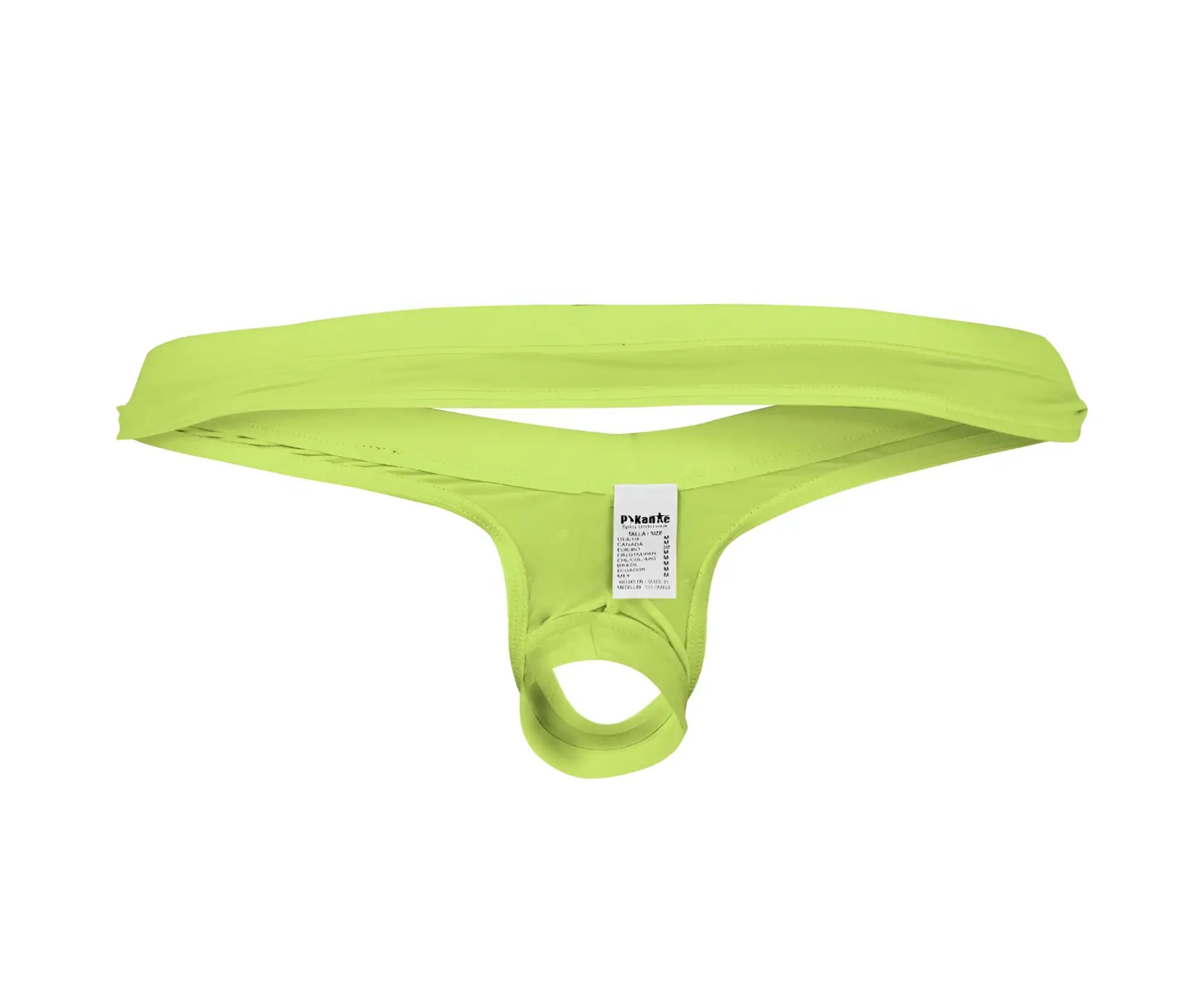 Bright lime green pikante PIK 0980X Angola Ball Lifter men’s thong made of stretchy fabric with branded tag visible