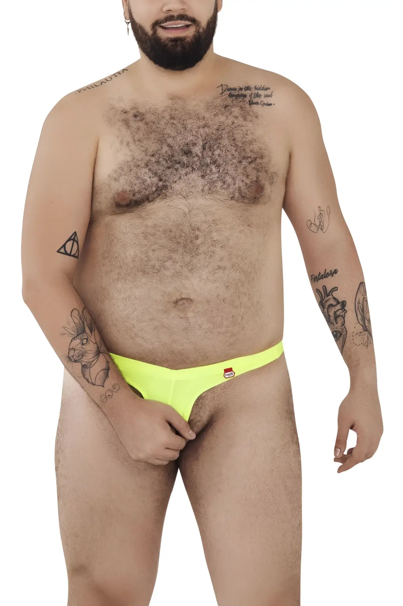 Neon yellow pikante PIK 0980X angola ball lifter briefs with small red logo on left hipband in green color